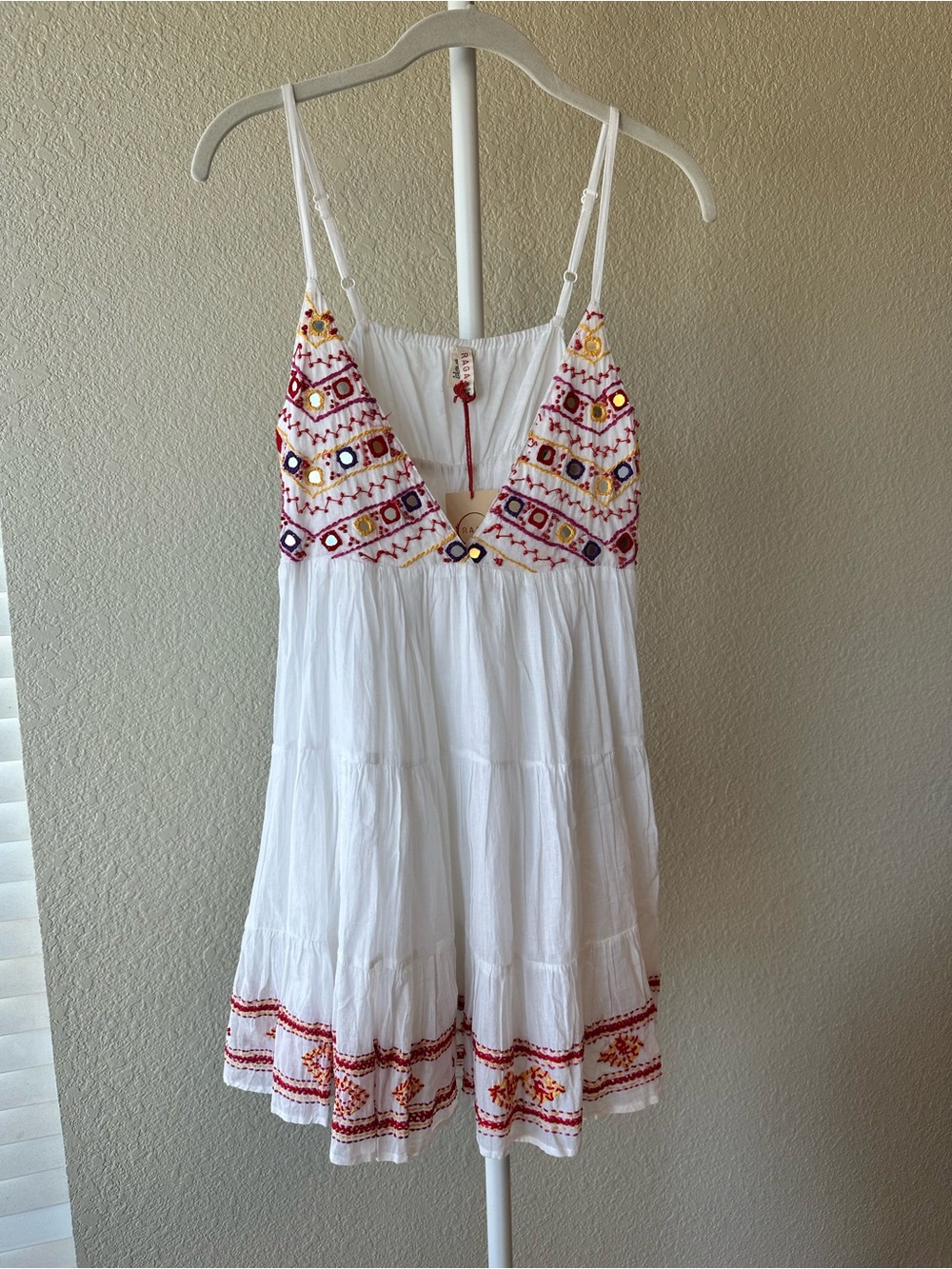 Raga white mirror embroidered boho mini dress 100% cotton size small nwt